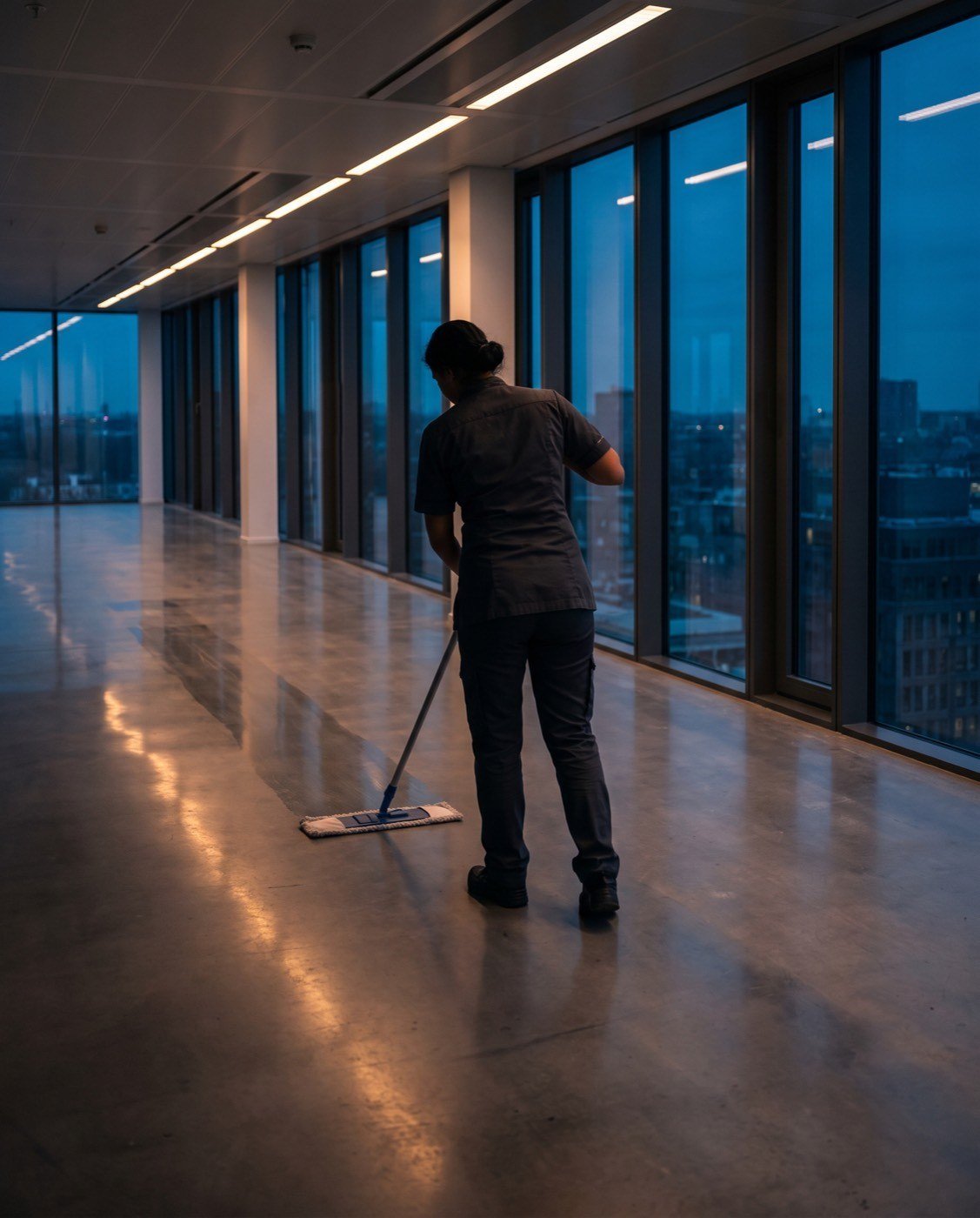 Medewerker van Almas Schoonmaak reinigt een kantoorvloer in de avond.